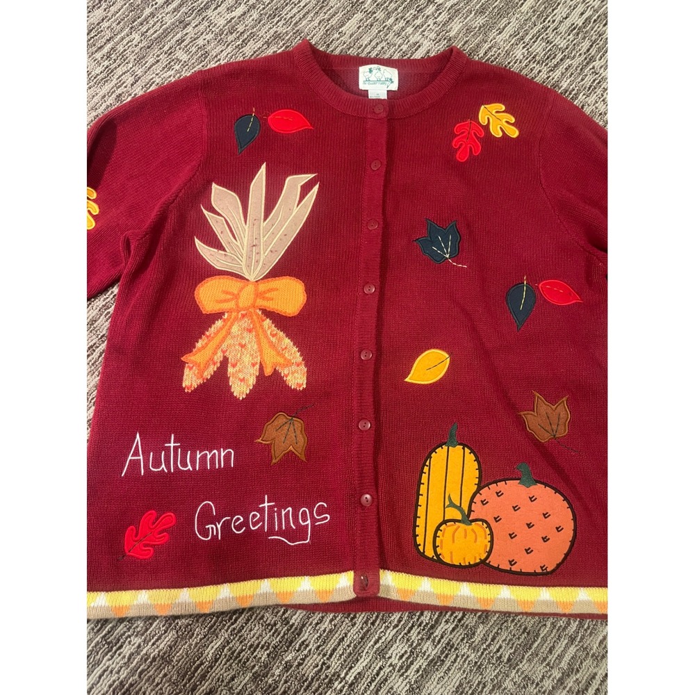 Quacker Factory Autumn Greetings Cardigan Red Pumpkin Leaf Knit Sweater 1X